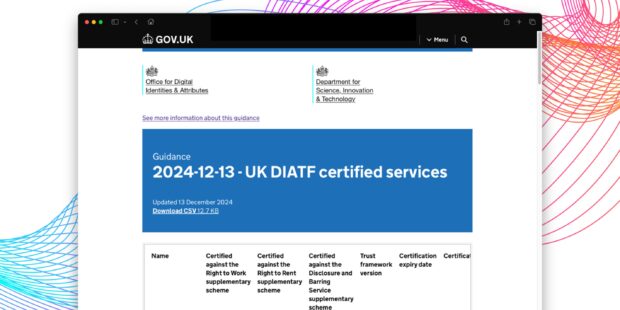 A browser window showing a GOV.UK webpage. The web page shows the current list of services that are certified against the UK digital identity and attributes trust framework.