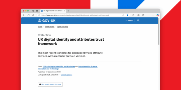 A browser screenshot of the collection page for the UK digital identity and attributes trust framework on GOV.UK