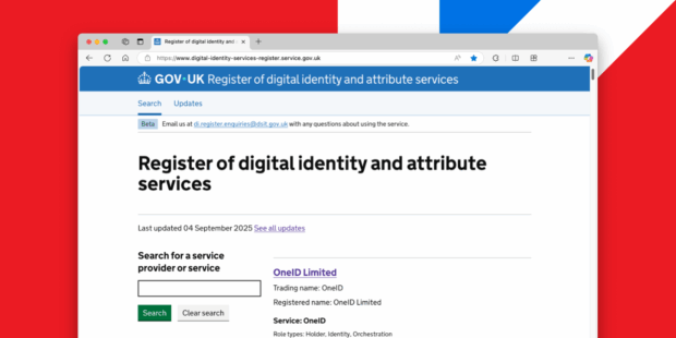 A web browser window. 
In the window is the Register of digital identity and attribute services, on GOV.UK.