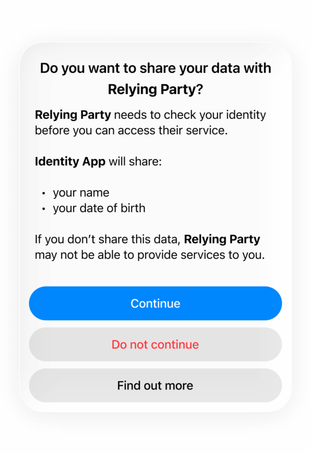 An example permission prompt. The text reads: “Do you want to share your data with Relying Party? Relying Party needs to check your identity before you can access their service. Identity App will share your name and your date of birth. If you don’t share this data, Relying Party may not be able to provide services to you.”. Underneath, three buttons read, “Continue”, “Do not continue”, “Find out more”.
