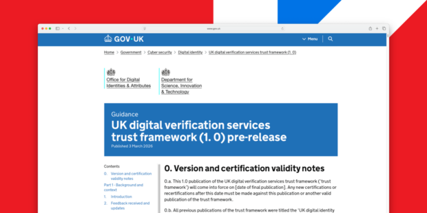 Image showing a window displaying the UK digital verification services trust framework against a red, white and blue backdrop